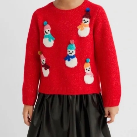 H&M Red Girls Soft Jacquard Knit Long Sleeved Christmas Sweater with Snowmen - Picture 2 of 8